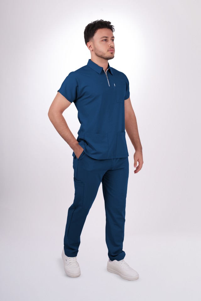 Premium Likralı Zipper Seri Erkek  Marine Petrol Scrubs
