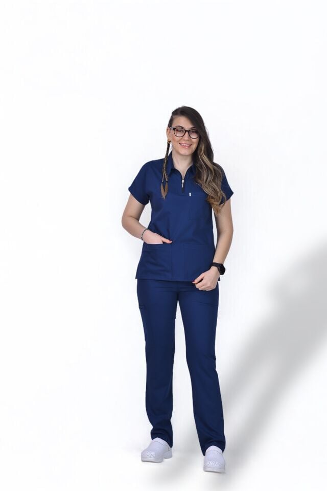 Premium Likralı Zipper Seri Kadın Havacı Mavi Scrubs